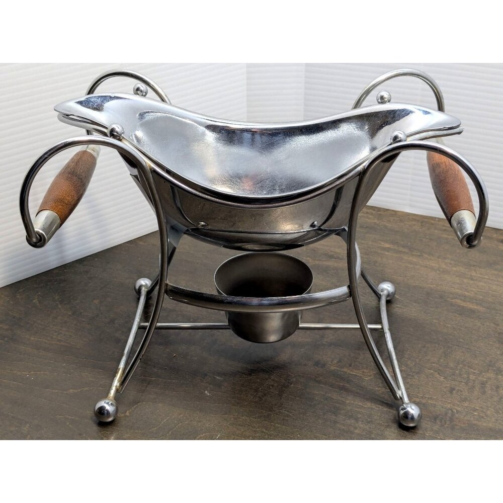 Vtg. Shelton-Ware Chrome Butter/Sauce Warmer W/ Teak Handles & Candle Holder